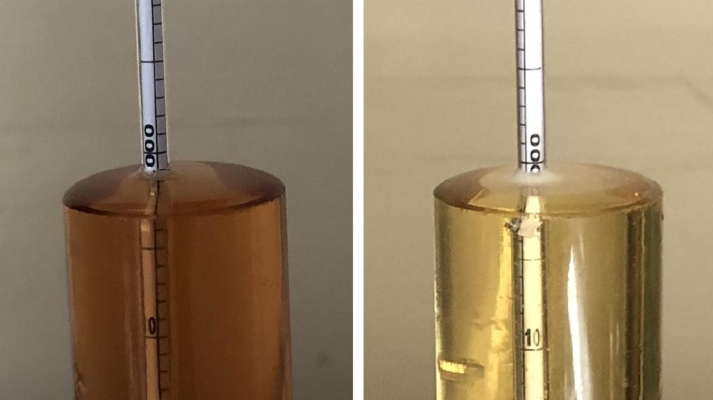 Left: pre-fermentation 1.001 FG | Right: post-fermentation (pre-fruit) 1.000 FG