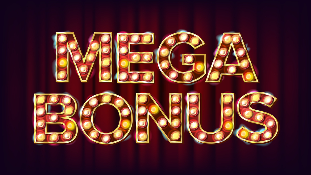 Mega Bonus Banner Vector. Casino Vintage Golden Illuminated Neon Light. For Slot Machines Signboard Design. Illustration