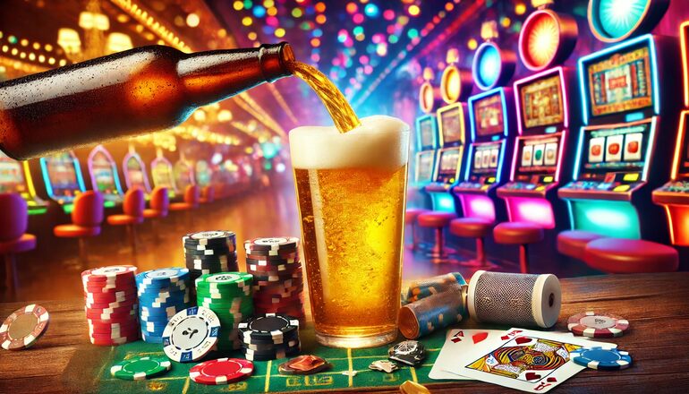 Beer being poured into a clear glass surrounded by colorful casino equipment