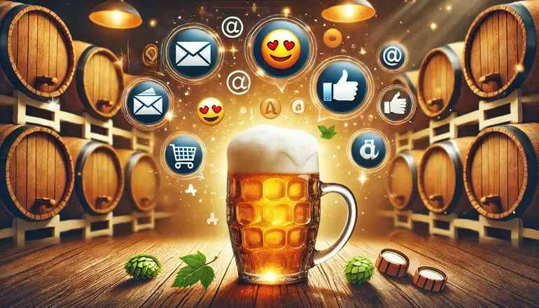 Emojis in email subject lines, illustrated with floating digital icons over a beer mug in a brewery setting