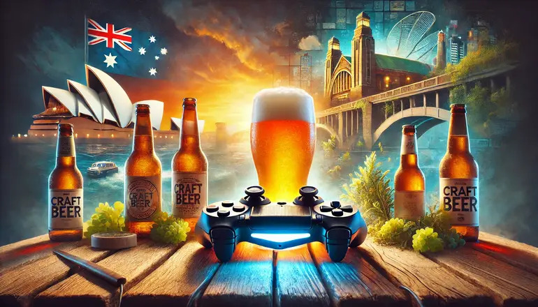 Australian gaming and no-deposit offers evolution, featuring a video game controller, homebrews, and iconic Australian landmarks