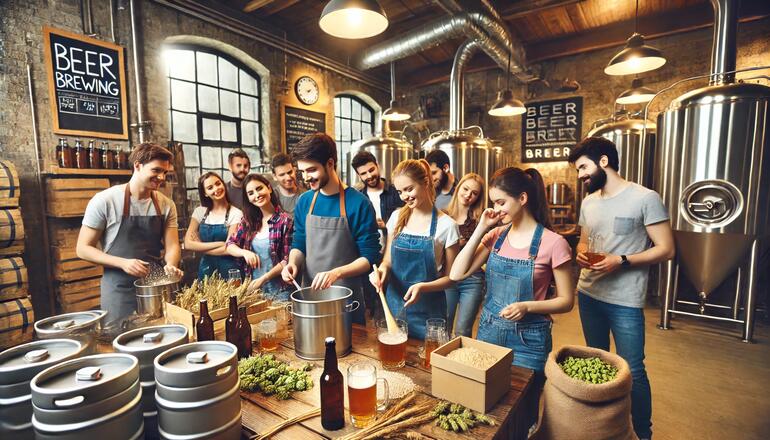 Young adults participating in a hands-on brewing workshop