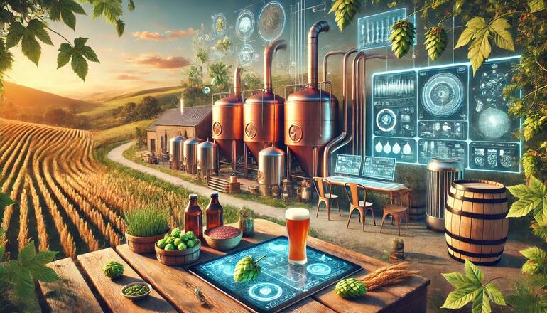 Traditional brewing and modern technology with natural, health-focused elements under a warm sunset