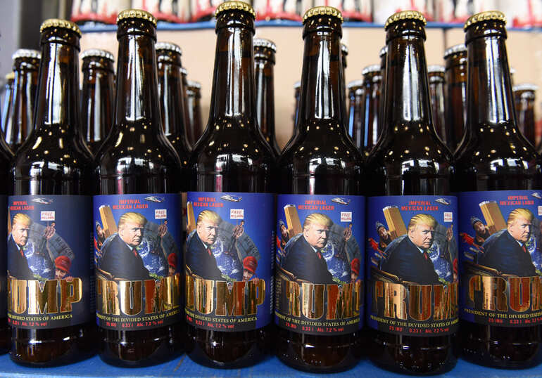 Rows of beer bottles featuring American historical-themed label