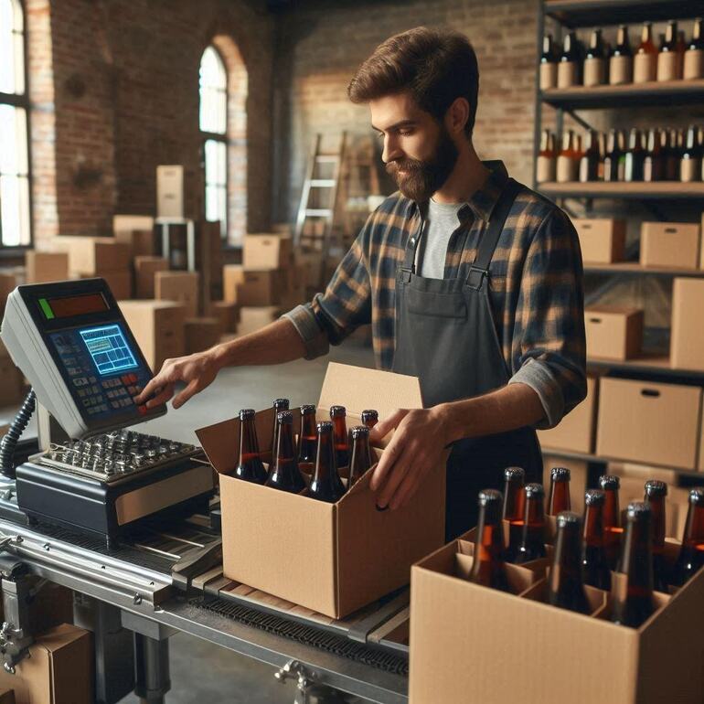 A homebrewer packing beer bottles into a box using a machine to calculate the bill on a conveyor belt