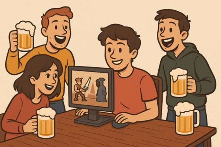 Group of friends excitedly watching an online game while holding beer mugs.
