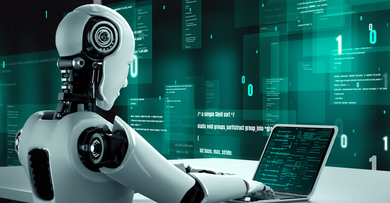 A futuristic robot working on developing a brewery website