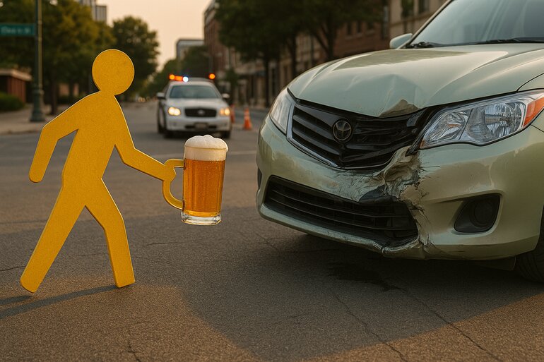 A damaged car involved in a pedestrian accident