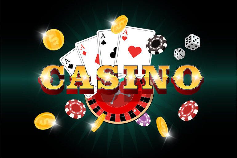 Casino-themed graphic with playing cards, roulette wheel, dice, chips, and gold coins