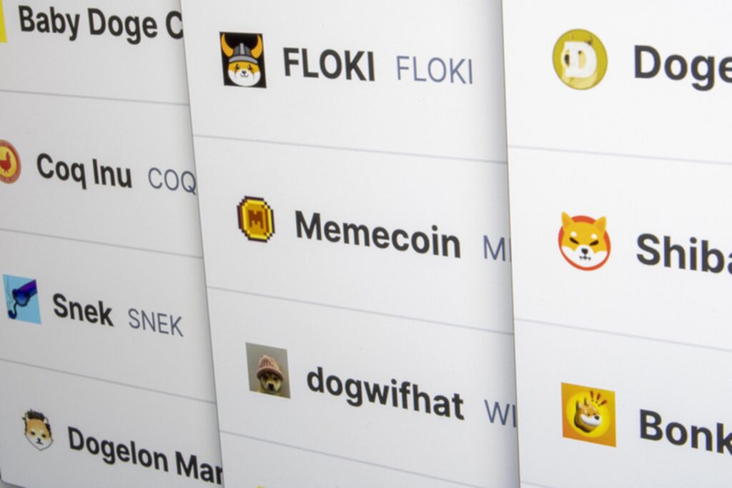 A screen displaying various meme cryptocurrencies, including Dogecoin, Floki, Memecoin, and Shiba Inu