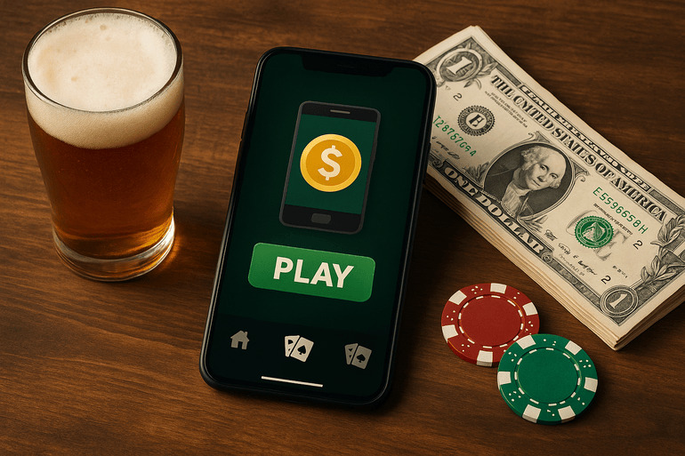 A smartphone with a real-money gaming app on screen, a glass of beer, poker chips, and a stack of dollar bills