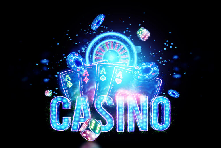 Neon-themed casino elements, including cards, dice, roulette wheel, and glowing text