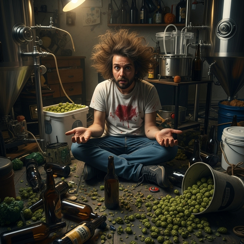 Homebrewer sitting in brewery making mistakes