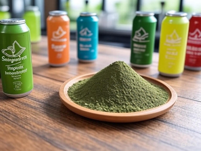 Kratom beverage bottles and powder