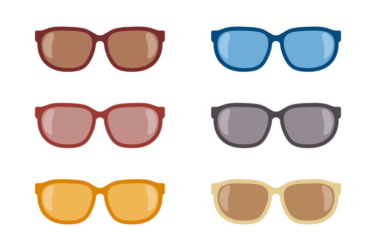 Six pairs of tinted prescription glasses in various colours
