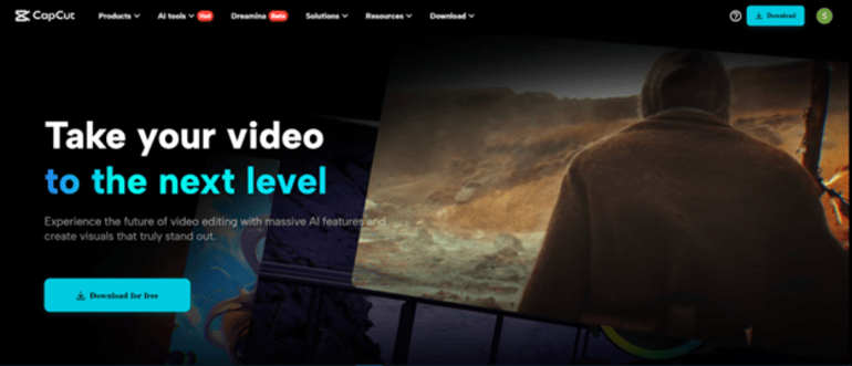 CapCut video editing homepage promoting AI-powered tools to upscale travel vlogs with one click